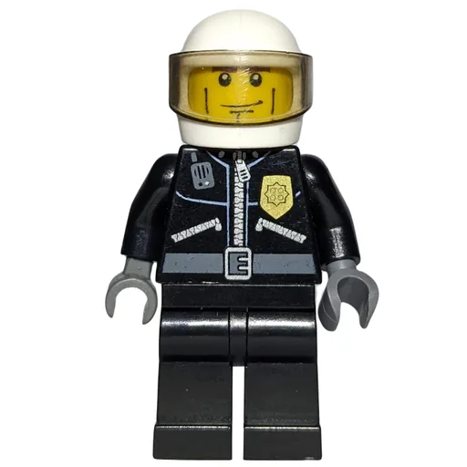 Policeman (Black Jacket with Zipper, Radio, Badge, and 'POLICE' on Back, White Helmet with Visor)