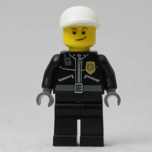 Policeman (Black Jacket with Zipper, Radio, Badge, and 'POLICE' on Back, White Cap (3626b Head))