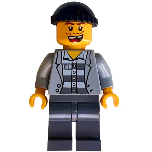 Criminal (Open Light Bluish Gray Jacket over Prison Shirt, Dark Bluish Gray Legs, Black Hat, Missing Tooth (3626c Head))