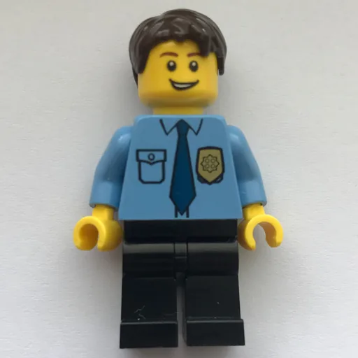 Policeman (Medium Blue Shirt with Badge and Tie, Black Legs, Dark Brown Hair)