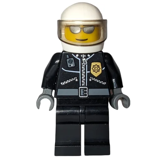 Policeman (Black Jacket with Zipper, Radio, Badge, and 'POLICE' on Back, White Helmet with Visor, Silver Sunglasses)