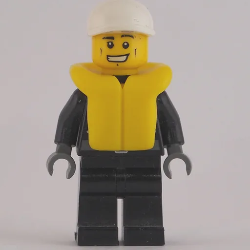 Policeman (Black Jacket with Zipper, Radio, Badge, and 'POLICE' on Back, White Cap, Yellow Life Vest)