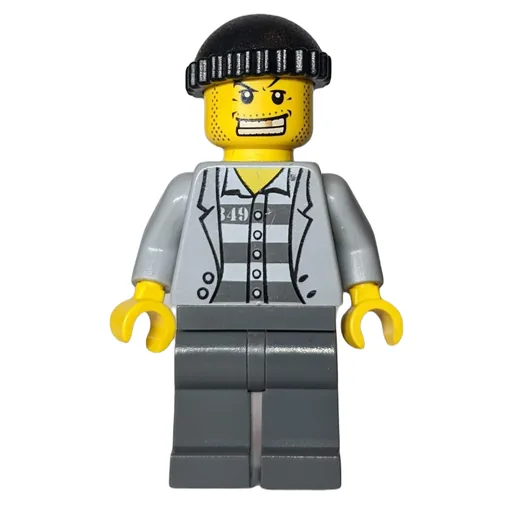 Criminal (Open Light Bluish Gray Jacket over Prison Shirt, Black Hat, Gold Tooth)