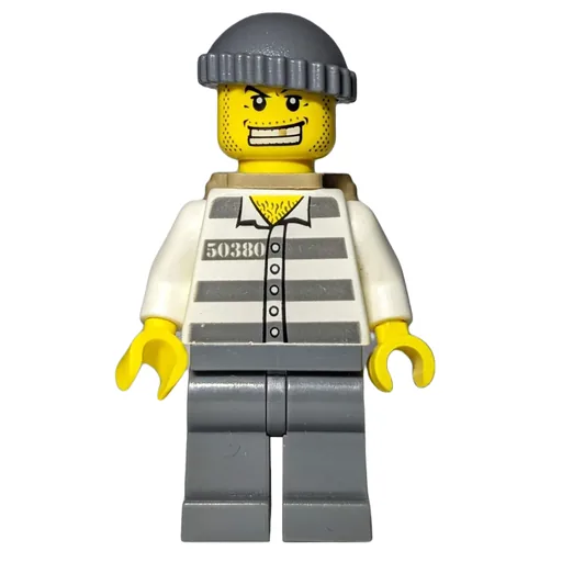 Criminal (Prison Shirt with #50380, Dark Bluish Gray Legs, Dark Bluish Gray Hat, Dark Tan Backpack, Gold Tooth)