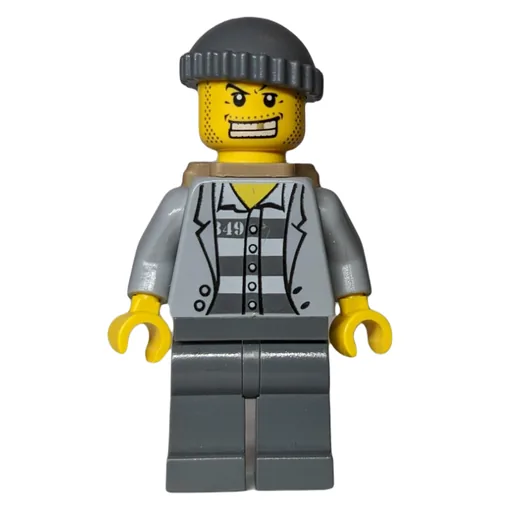 Criminal (Open Light Bluish Gray Jacket over Prison Shirt, Dark Bluish Gray Hat, Dark Tan Backpack, Gold Tooth)
