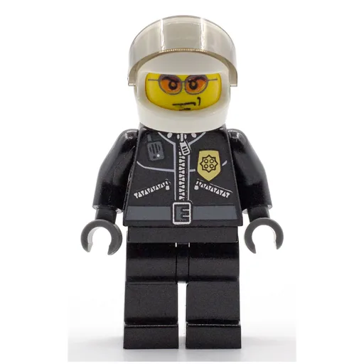 Policeman (Black Jacket with Zipper, Radio, and Badge, White Helmet and Visor, Orange Sunglasses)
