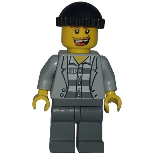 Criminal (Open Light Bluish Gray Jacket over Prison Shirt, Dark Bluish Gray Legs, Black Hat, Missing Tooth (3626b Head))