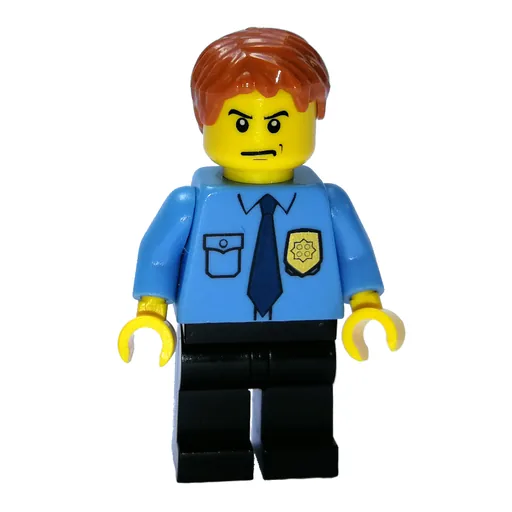 Policeman (Medium Blue Shirt with Badge and Tie, Black Legs, Dark Orange Hair)