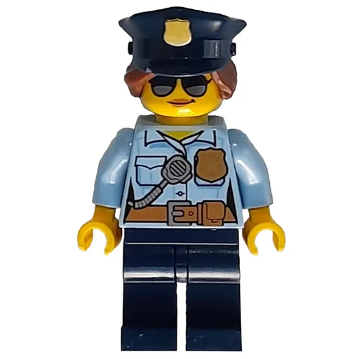 Policewoman (Bright Light Blue Shirt with Radio and Badge, Dark Blue Legs, Police Hat with Badge, Sunglasses)