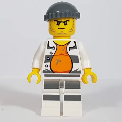 Criminal Gary Goldrush (Open Prison Shirt #18675 over Orange Top, Dark Bluish Gray Hat, Stubble)