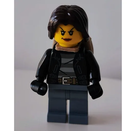 Criminal (Woman, Open Black Jacket over Prison Shirt, Dark Brown Hair, Dark Tan Backpack)