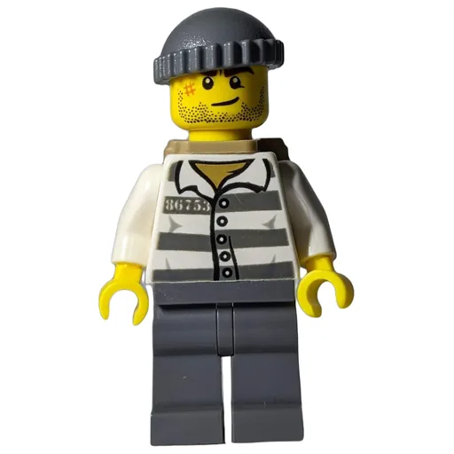 Criminal (Prison Shirt with #86753, Dark Bluish Gray Legs, Dark Bluish Gray Hat, Dark Tan Backpack, Stubble)