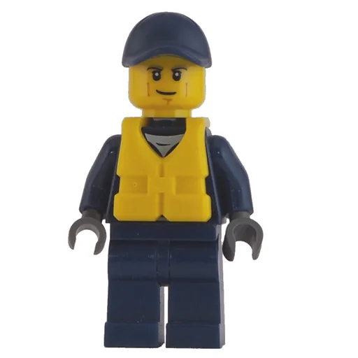Policeman (Dark Blue Jacket with Zipper, Badge, and 'POLICE' on Back, Dark Blue Cap, Yellow Life Vest)
