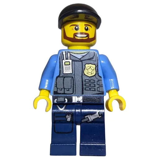 Policeman (Dark Bluish Gray Vest with Radio, Badge and Pouches over Medium Blue Shirt, Black Cap, Beard)