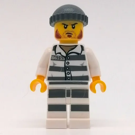 Criminal (Prison Shirt with #86753, Black Legs, Dark Bluish Gray Hat, Stubble and Mutton Chops)