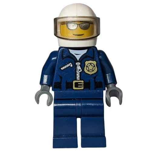 Policeman (Dark Blue Jacket with Zipper, Badge, and 'POLICE' on Back, White Helmet with Visor, Silver Sunglasses)