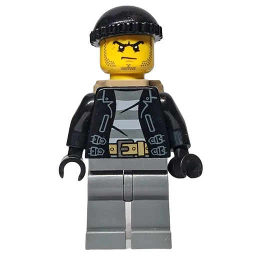 Criminal (Open Black Jacket over Prison Shirt, Dark Bluish Grey Legs, Black Hat, Dark Tan, Stubble)