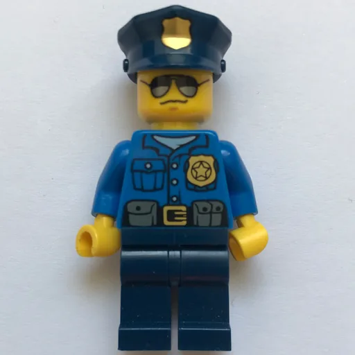 Policeman (Blue Shirt with Badge and Pouches, Dark Blue Legs, Dark Blue Police Hat with Badge, Sunglasses)