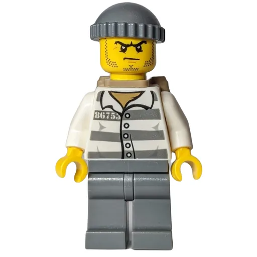 Criminal (Prison Shirt with #86753, Dark Bluish Gray Legs, Dark Bluish Gray Hat, Dark Tan Backpack)