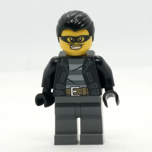 Criminal (Open Black Jacket over Prison Shirt, Dark Bluish Grey Legs, Black Hair, Black Eyemask)
