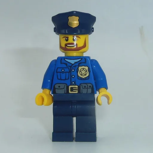 Policeman (Blue Shirt with Badge and Pouches, Dark Blue Legs, Dark Blue Police Hat with Badge, Beard)