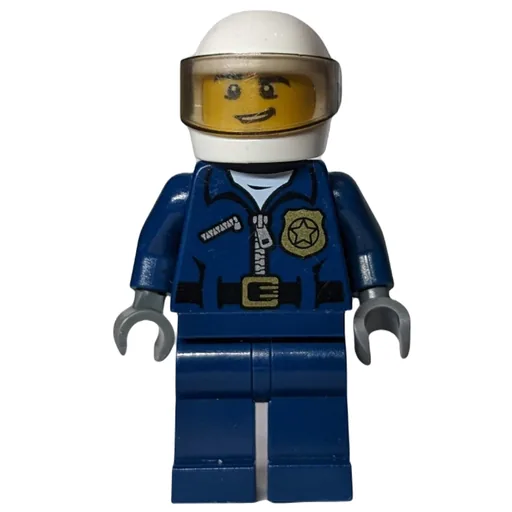 Policeman (Dark Blue Jacket with Zipper, Badge, and 'POLICE' on Back, White Helmet with Visor, Open Mouth)