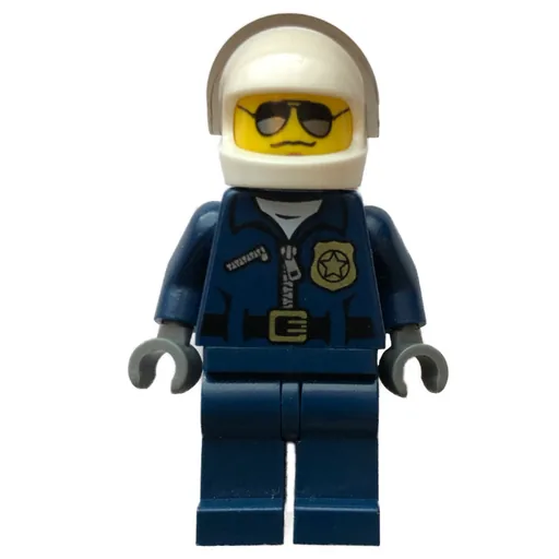 Policeman (Dark Blue Jacket with Zipper, Badge, and 'POLICE' on Back, White Helmet with Visor, Sunglasses)