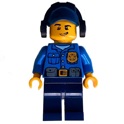 Policeman (Blue Shirt with Badge and Pouches, Dark Blue Legs, Dark Blue Cap with Ear Defenders)