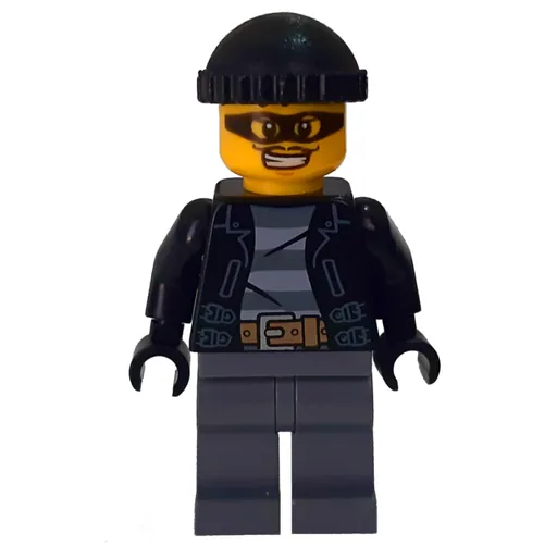Criminal (Open Black Jacket over Prison Shirt, Dark Bluish Grey Legs, Black Hat, Black Eyemask)