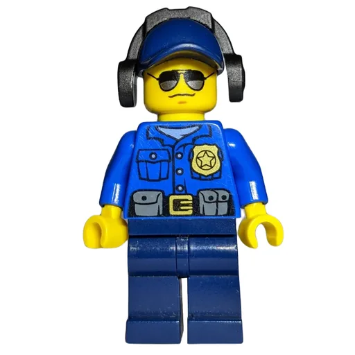 Policeman (Blue Shirt with Badge and Pouches, Dark Blue Legs, Dark Blue Cap with Ear Defenders, Sunglasses)
