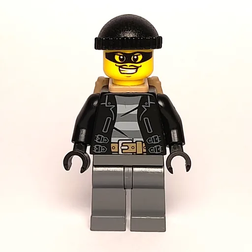 Criminal (Open Black Jacket over Prison Shirt, Dark Bluish Grey Legs, Black Hat, Dark Tan Backpack, Black Eyemask)