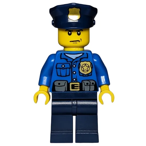 Policeman (Blue Shirt with Badge and Pouches, Dark Blue Legs, Dark Blue Police Hat with Badge, Stern)