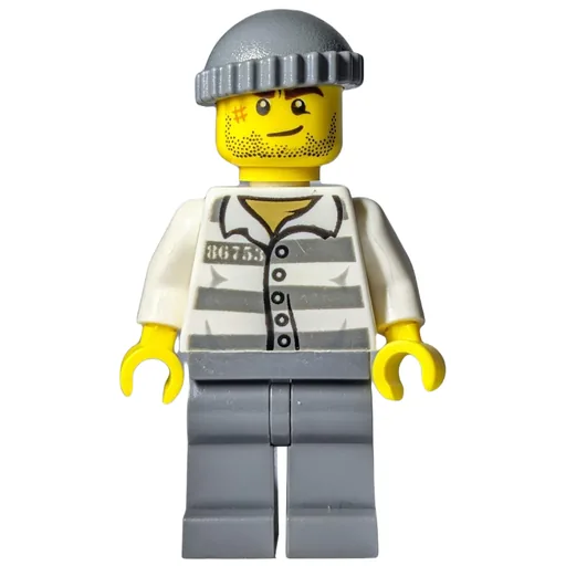 Criminal (Prison Shirt with #86753, Dark Bluish Gray Legs, Dark Bluish Gray Hat, Stubble and Scar)