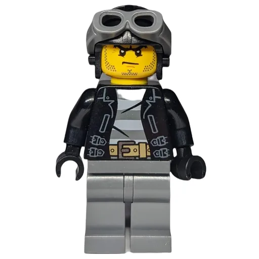 Criminal (Open Black Jacket over Prison Shirt, Dark Bluish Grey Legs, Black Hat with Goggles)