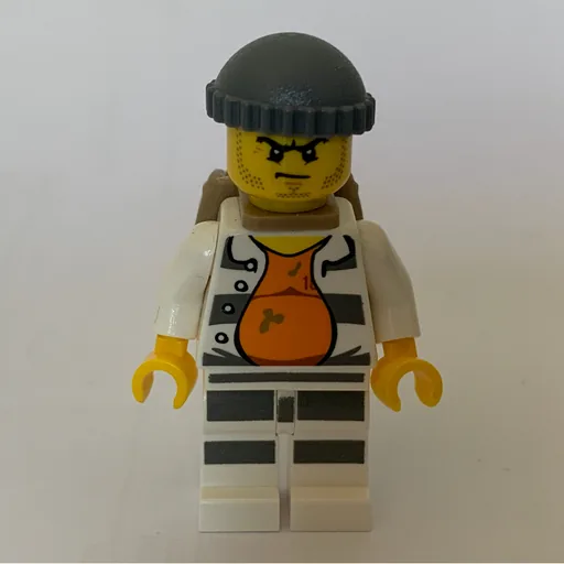 Criminal (Open Prison Shirt #18675 over Orange Top, Dark Bluish Gray Hat, Dark Tan Backpack, Stubble)