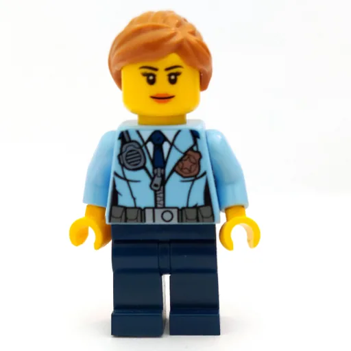 Policewoman (Bright Light Blue Jacket with Zipper, Radio, Badge, and Tie, Dark Blue Legs, Medium Nougat Hair)