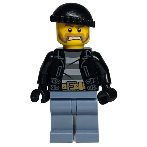 Criminal (Open Black Jacket over Prison Shirt, Sand Blue Legs, Black Hat, Beard)