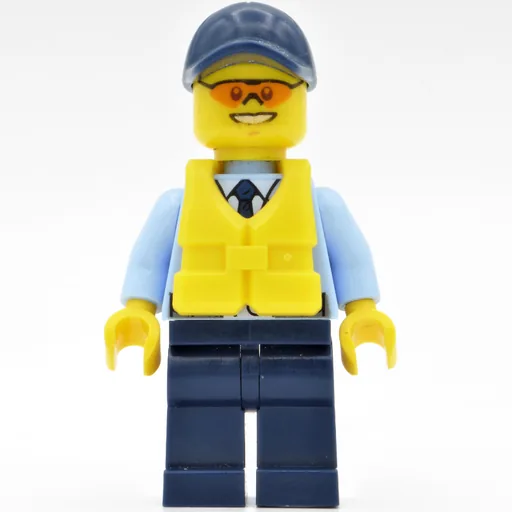 Policeman (Bright Light Blue Jacket with Zipper, Radio, Badge, and Tie, Dark Blue Legs, Dark Blue Cap, Yellow Life Vest, Orange Sunglasses)