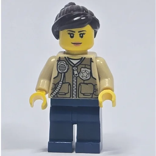 Swamp Police / Ranger (Woman, Dark Tan Vest with Zipper, Radio, and Badge, Dark Blue Legs, Dark Brown Hair)