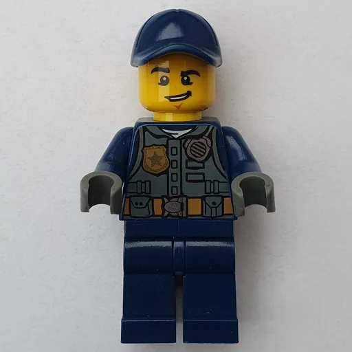 Policeman (Dark Bluish Gray Vest with Radio, Badge and Pouches over Dark Blue Shirt, Dark Blue Cap)