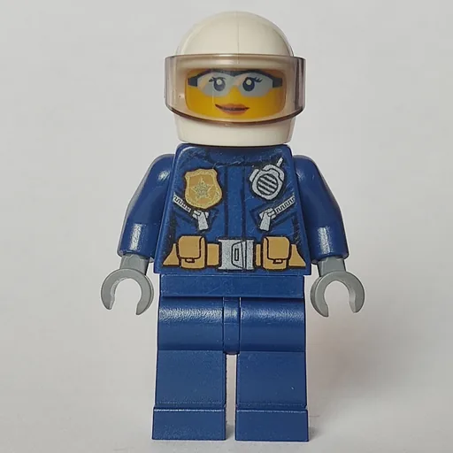 Policewoman (Dark Blue Jacket with Radio, Badge, and Belt with Pouches, White Helmet with Visor, Light Blue Sunglasses)