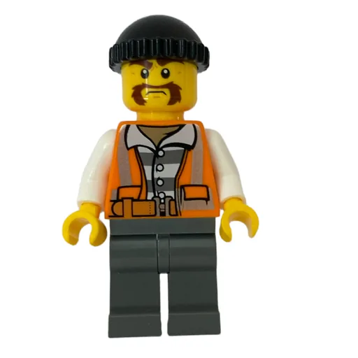 Criminal (Open Orange Safety Vest Over Prison Shirt, Black Hat, Bushy Moustache)
