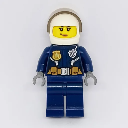 Policewoman (Dark Blue Jacket with Radio, Badge, and Belt with Pouches, White Helmet with Trans-Brown Visor, Smirk (3626cpr2113 Head))