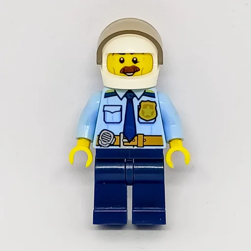 Bright Light Blue Shirt with Dark Blue Tie (Badge, and Radio on Belt, Dark Blue Legs, White Helmet with Visor, Moustache)