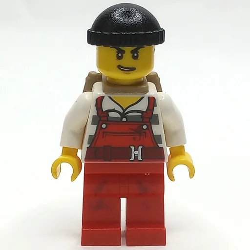 Criminal Joe Frankfurter (Red Overalls over Prison Shirt, Black Hat, Dark Tan Backpack)