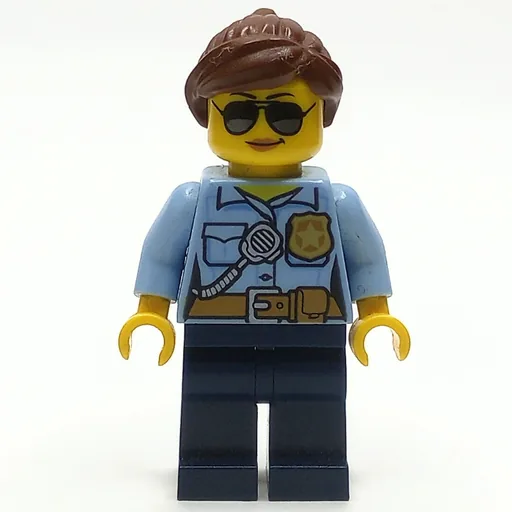 Policewoman (Bright Light Blue Shirt with Radio and Badge, Dark Blue Legs, Reddish Brown Hair, Sunglasses)