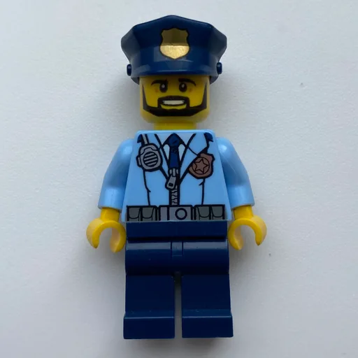 Policeman (Bright Light Blue Jacket with Zipper, Radio, Badge, and Tie, Dark Blue Legs, Dark Blue Police Hat with Badge, Beard)