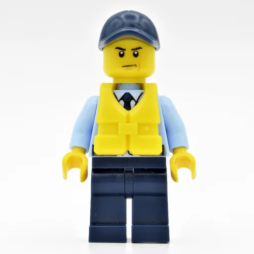 Policeman (Bright Light Blue Jacket with Zipper, Radio, Badge, and Tie, Dark Blue Legs, Dark Blue Cap, Yellow Life Vest)