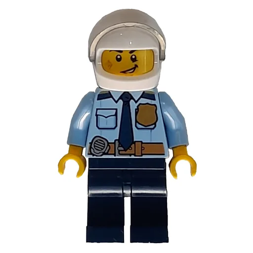 Policeman (Bright Light Blue Shirt with Dark Blue Tie, Badge, and Radio on Belt, White Helmet with Visor, Scar)