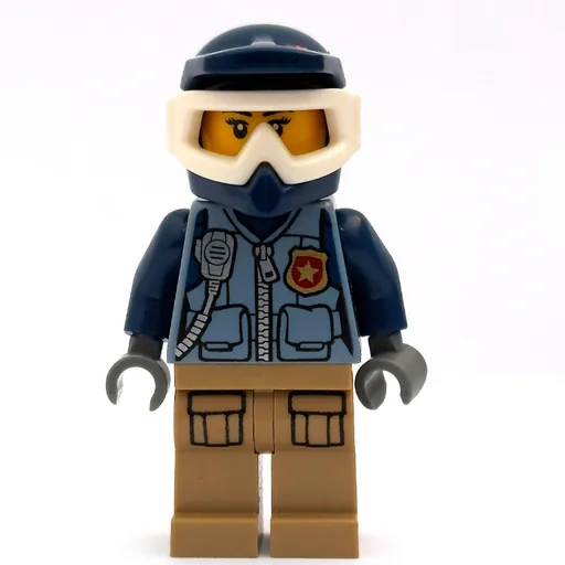 Policewoman (Sand Blue Vest with Zipper, Radio, Badge and Pouches, Tan Legs, Dark Blue Dirt Bike Helmet with Goggles)